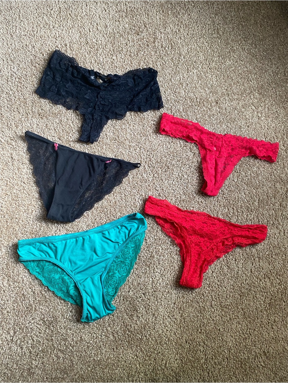 Mixed Lace & Cotton Bikini Panty Set - Black, Red, Teal